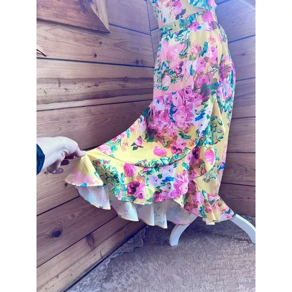 Cleo Yellow Floral Ruffle Hem Maxi Dress Sleeveless Tie Waist XS - Picture 3 of 12